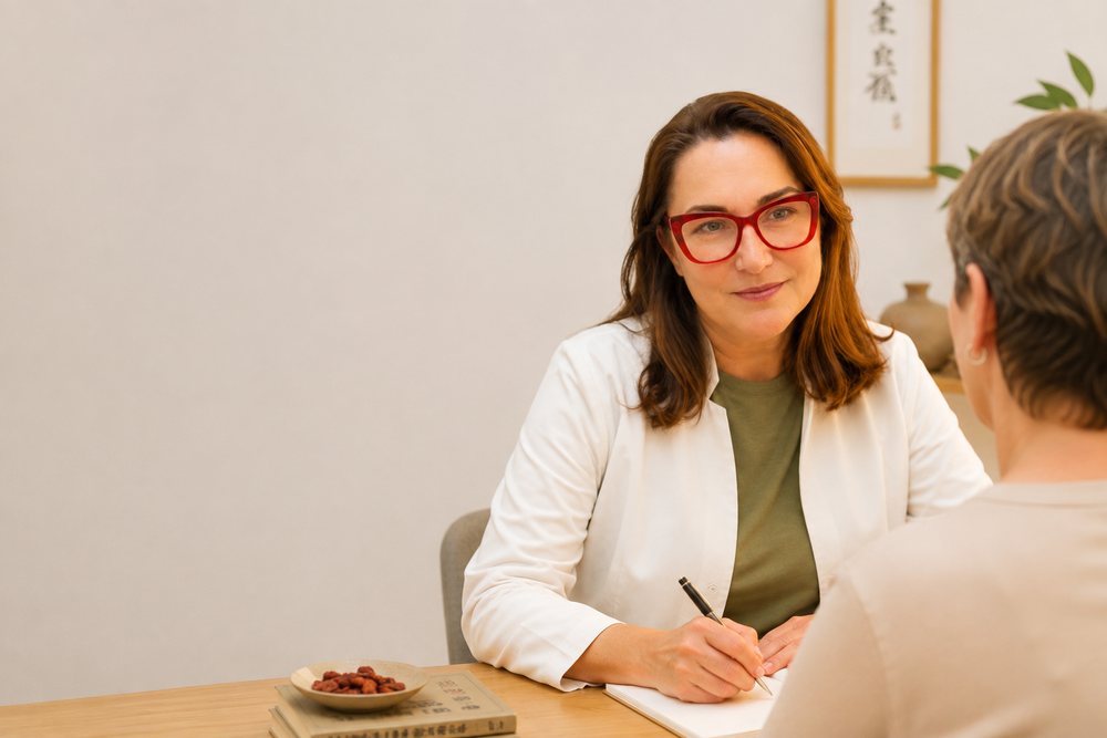 María Piedad Hernández Bilbao escuchando y tomando notas durante una consulta