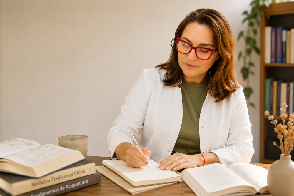 María Piedad Hernández Bilbao estudiando, rodeada de libros de Medicina Tradicional China y Fundamentos de Acupuntura