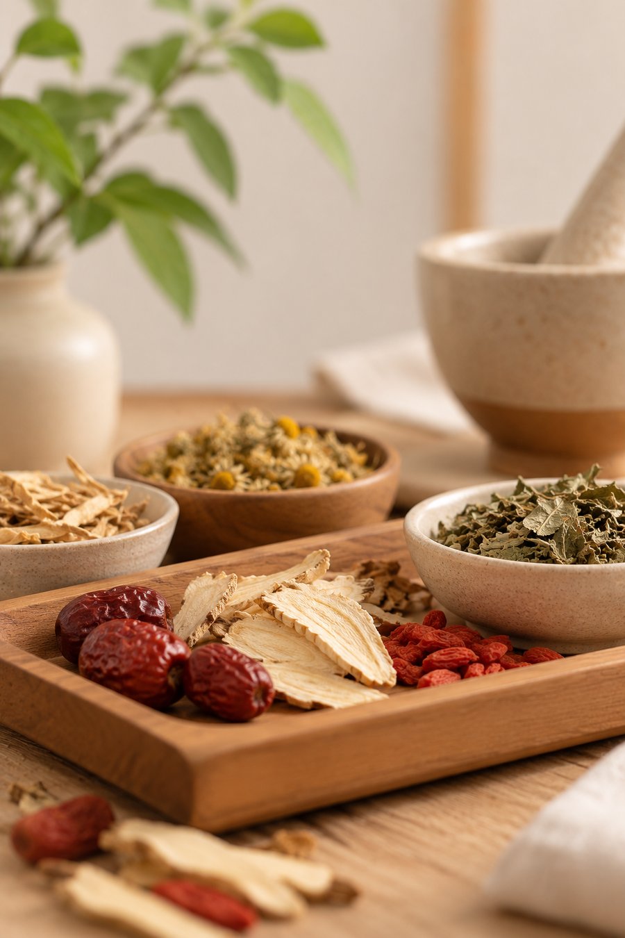 Fotografía de hierbas medicinales secas usadas en fitoterapia china