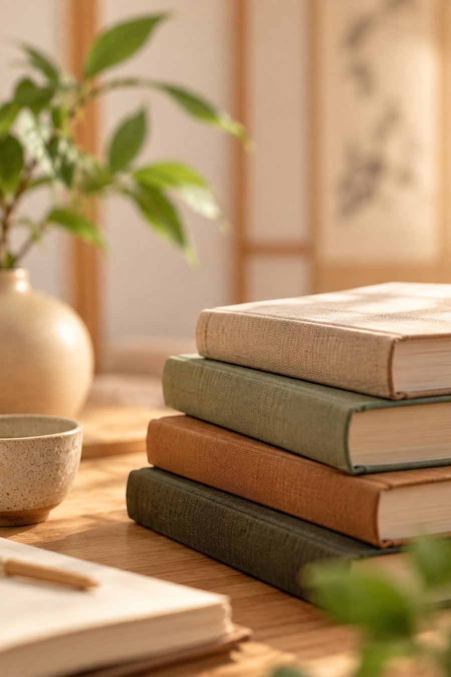 Rincón sereno de lectura con libros apilados, parte del espíritu de estudio continuo de las formaciones