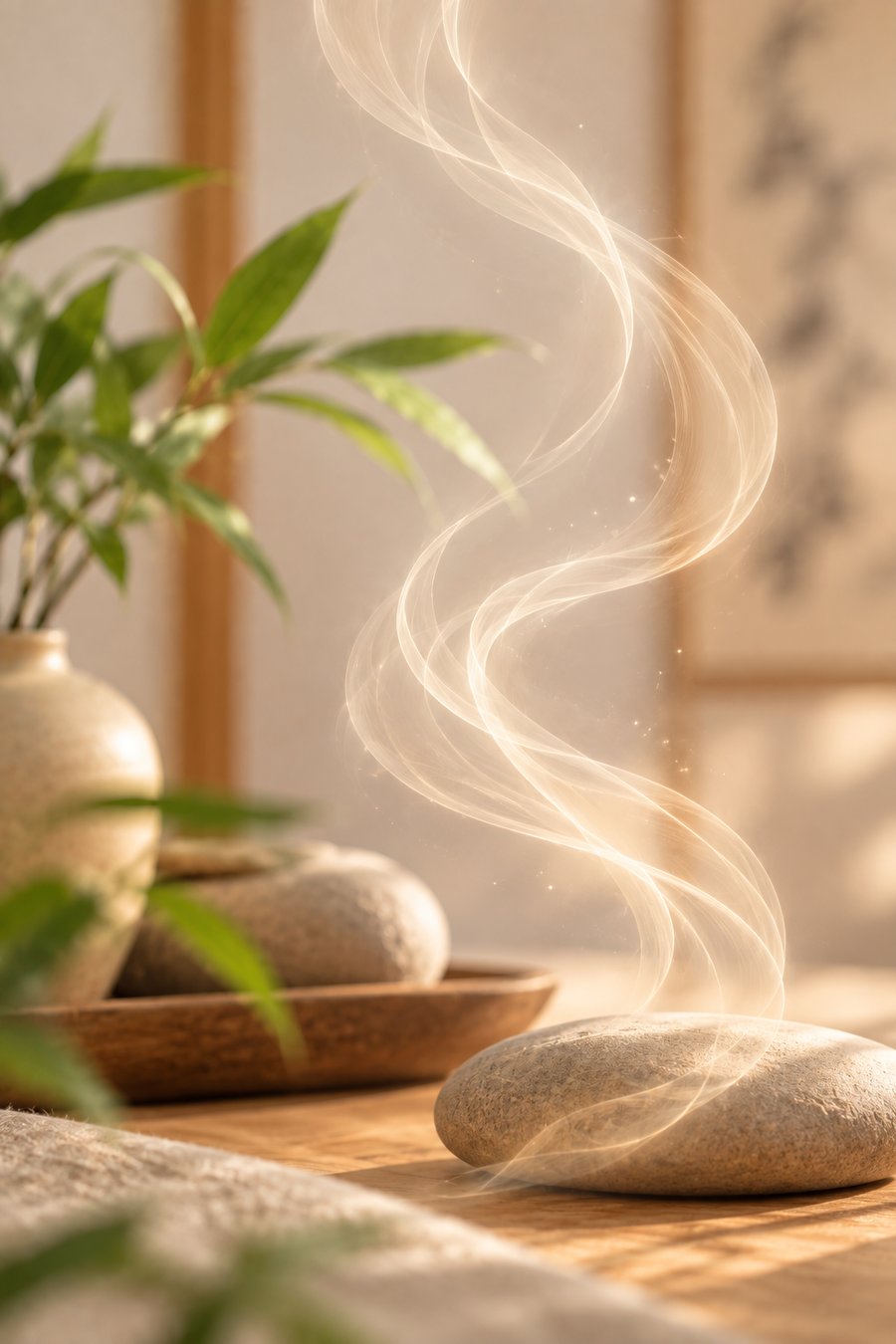 Composición zen que evoca el flujo del Qi entre piedras y hojas