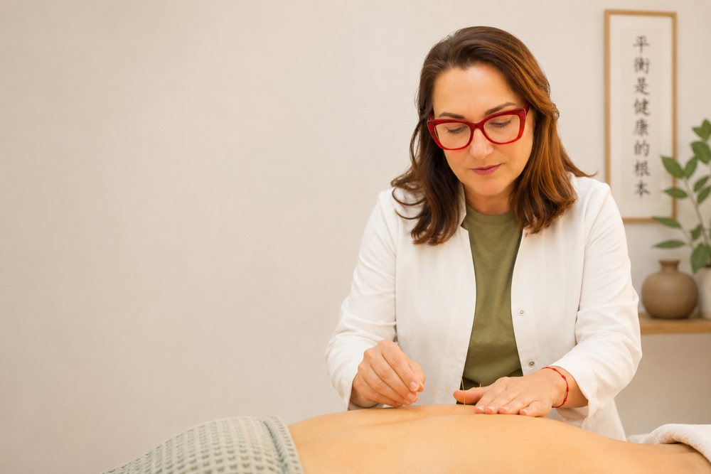 María Piedad Hernández Bilbao aplicando acupuntura, con caligrafía china de fondo: el equilibrio es la raíz de la salud