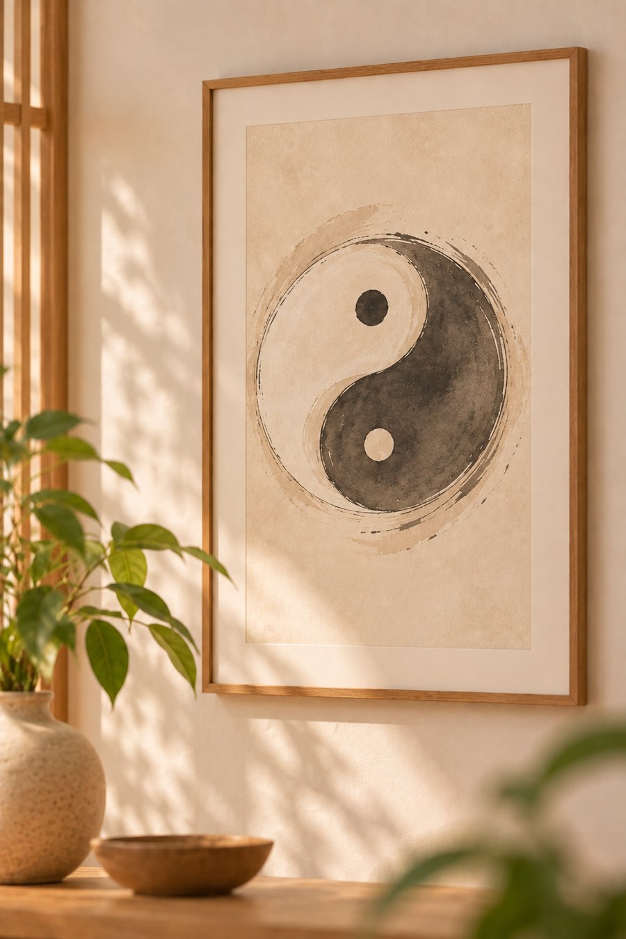 Obra enmarcada del símbolo Yin y Yang en acuarela